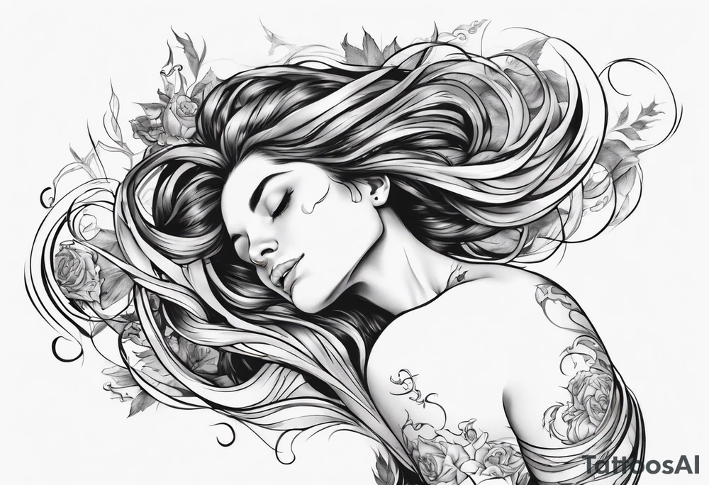 woman laying with her back facing the front and her hair flowing tattoo idea