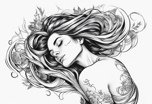 woman laying with her back facing the front and her hair flowing tattoo idea