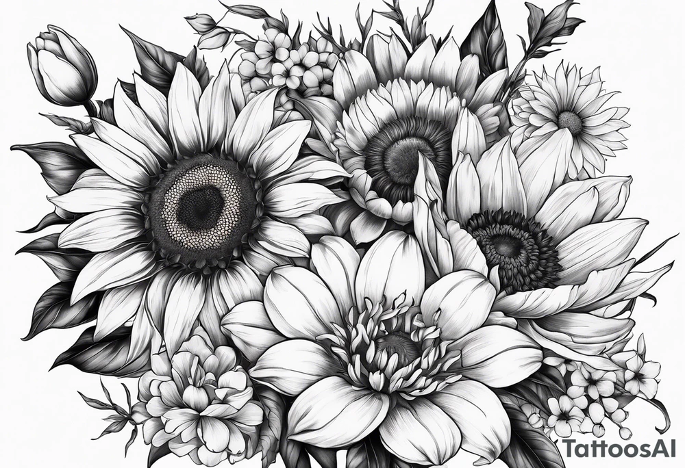 Bouquet of sunflower, lily, peony, cherry blossom and tulip tattoo idea