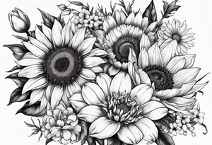 Bouquet of sunflower, lily, peony, cherry blossom and tulip tattoo idea