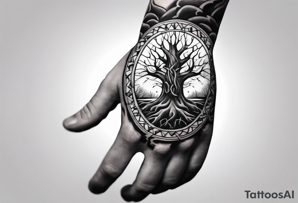 tattoo fool sleeve, tree roots break out of the chains at the bottom of the hand tattoo idea
