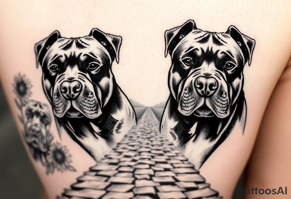 Very thick muscled up pitbull portraits fading into the background as filler incorporate sunflowers, an old road made from pavers tattoo idea