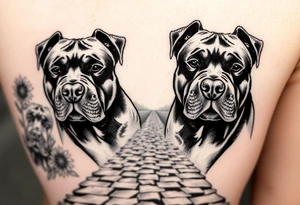 Very thick muscled up pitbull portraits fading into the background as filler incorporate sunflowers, an old road made from pavers tattoo idea