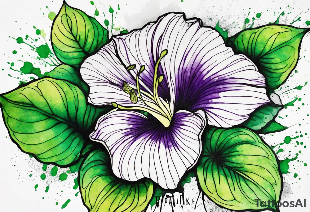 An outline of a rio dipladenia flower with green/purple pedals and a green/purple watercolor splash in the background tattoo idea