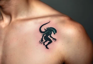 A silhouette of a Xenomorph stalking through a dark hallway, its outline softly illuminated by an eerie green light from above. tattoo idea