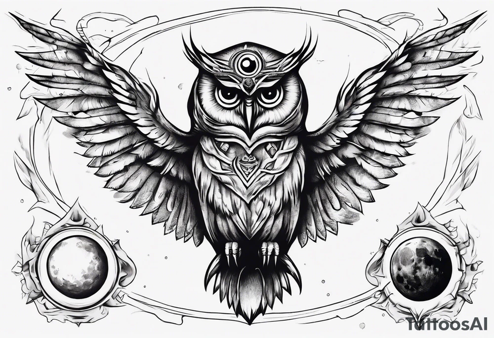 Wise Crowned Owl with the third eye flying towards the Dark Moon. tattoo idea