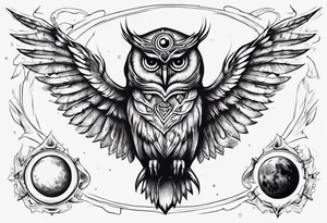 Wise Crowned Owl with the third eye flying towards the Dark Moon. tattoo idea
