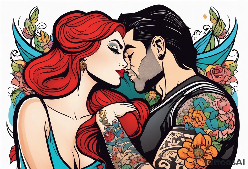 Busty Red haired woman with tall black haired man tattoo idea