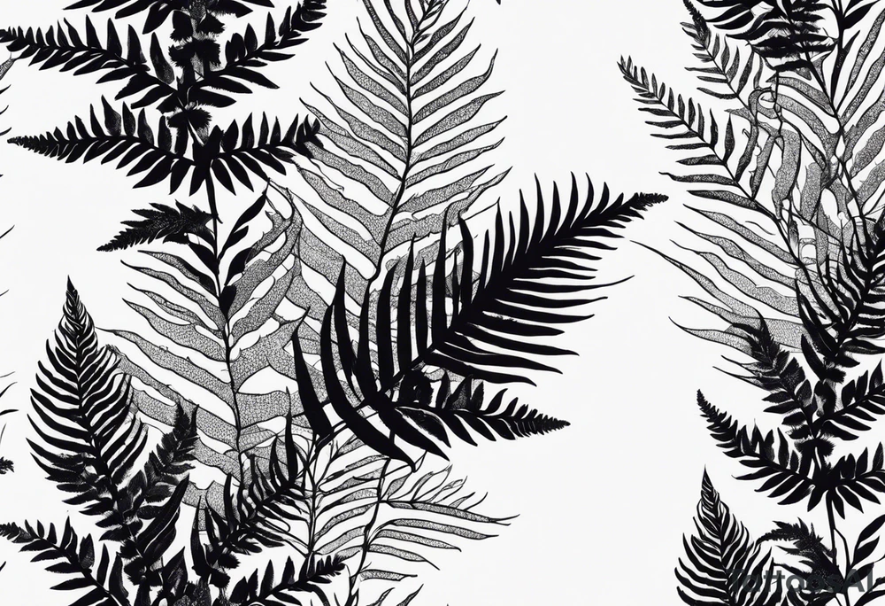 A detailed, vintage-style black and white tattoo of ferns, leaves, and moss, in a simple design. tattoo idea