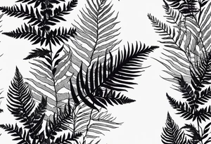 A detailed, vintage-style black and white tattoo of ferns, leaves, and moss, in a simple design. tattoo idea