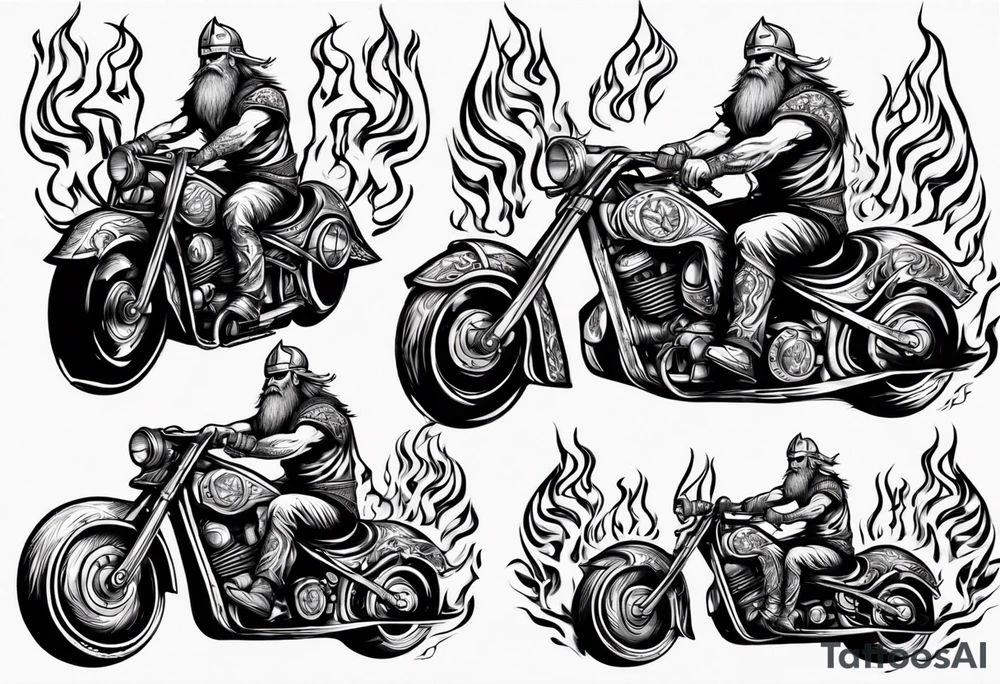 A viking riding a motorcycle with flames tattoo idea