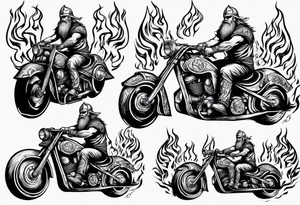 A viking riding a motorcycle with flames tattoo idea