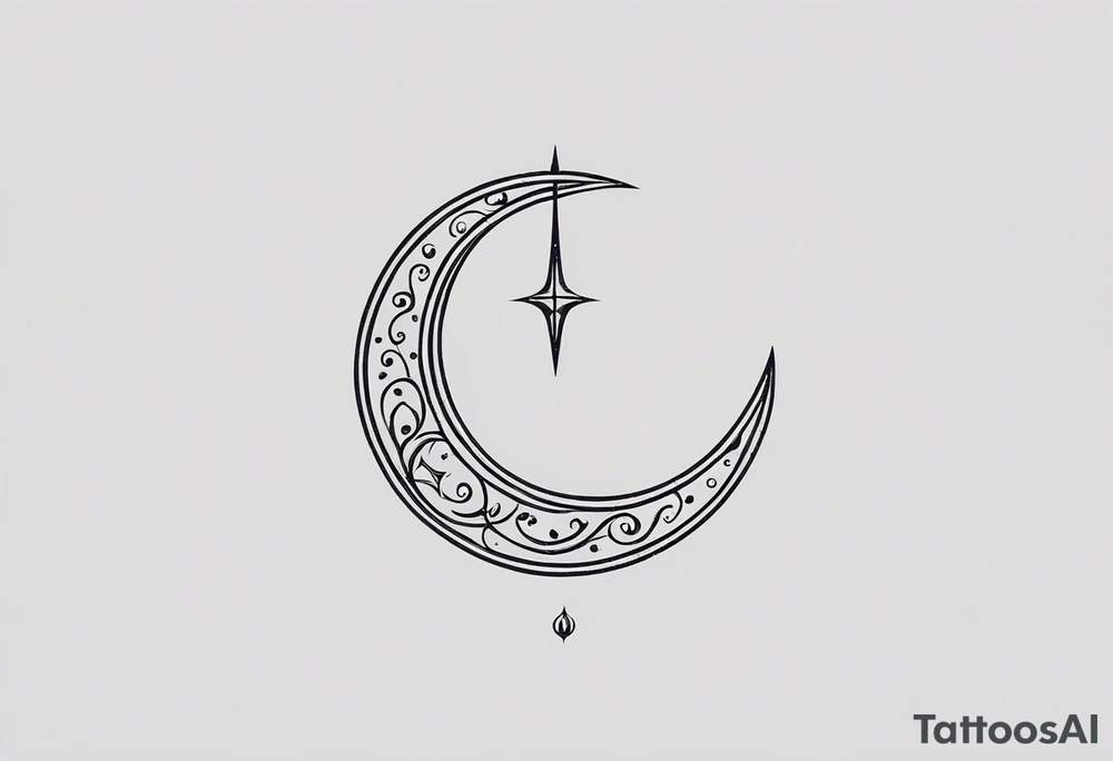 Minimalist Crescent Moon with Trishul: A delicate crescent moon with a fine-line trident integrated into the curve of the moon. The trident can be small and simple, sitting just below or to the side of the crescent moon.

Crescent Moon with Trishul Inside: A small crescent moon with a tiny trident embedded inside the curve. This could be done in a single line or with light shading to keep the design clean and minimal.

Crescent Moon and Trishul as a Single Line: The crescent moon and trident could be designed as a single, flowing line, where the trident’s three prongs are subtly incorporated into the crescent's edge.

Trishul Overlay on Crescent Moon: A crescent moon with a small trident overlaid or intersecting through it. This design would have the trident positioned vertically through the moon or slightly off-center tattoo idea