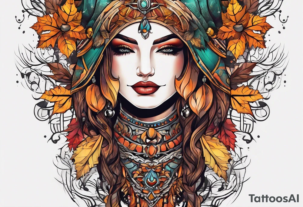 knee tattoo in fall color masculine design, no faces tattoo idea