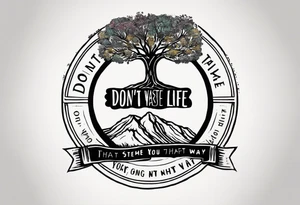Circle of text on the hand of: don't waste tour time looking back youre not going that way. With a tree of life tattoo idea