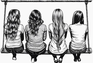 Three girls seen from behind sitting on a swing. One girl is older with long hair, another is middle-aged with shorter hair, and the youngest has two pigtails tattoo idea
