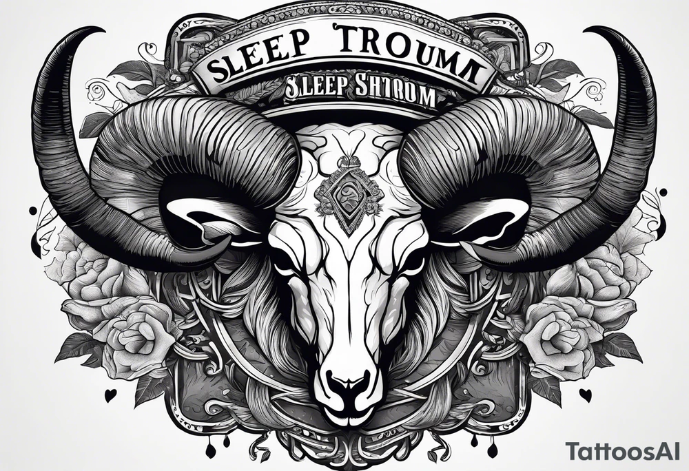 A ram skull with cowboy hat hanging off the end of one of the horns and the words sleep through the storm tattoo idea