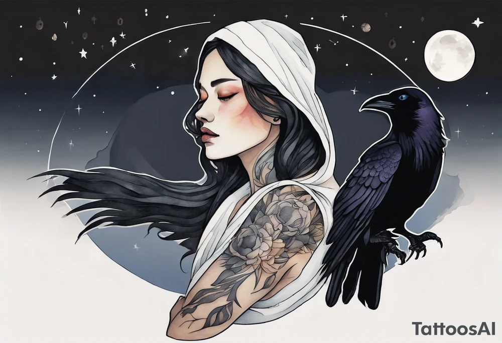 a Dakota woman wearing a black cloak, standing before the night sky with a crescent moon, a raven on her shoulder tattoo idea