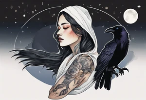 a Dakota woman wearing a black cloak, standing before the night sky with a crescent moon, a raven on her shoulder tattoo idea