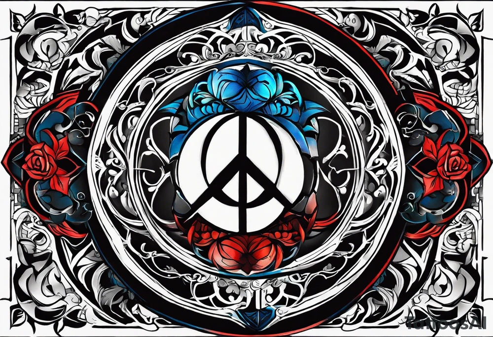 a tattoo whose main theme is balance but also resembles new begining, strong willpower, peace and loyalty. This should be for the front part of the shoulder. maybe add the ying-yang symbol somewhere in the tattoo. Tattoo should have an equal amount of blue and red along with the overall tattoo being black tattoo idea