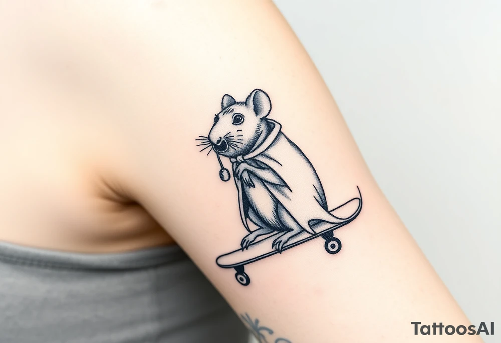 Old rat with a cloak and monocle leaning on a skateboard tattoo idea