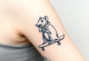 Old rat with a cloak and monocle leaning on a skateboard tattoo idea