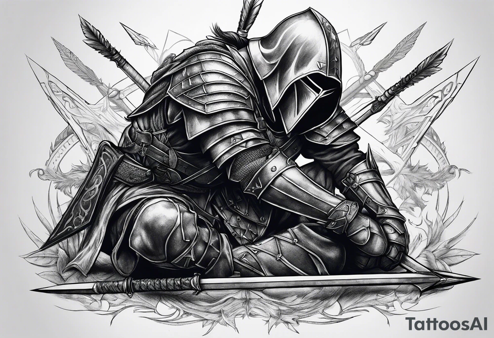 Fallen knight on his knees with five arrows in his back tattoo idea Fallen knight on his knees with five arrows in his back tattoo idea