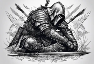 Fallen knight on his knees with five arrows in his back tattoo idea