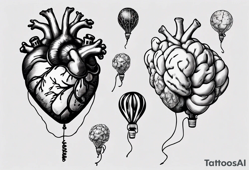 Woman's hand holding balloons tied to string, balloons in shape of anatomical heart and an anatomical brain tattoo idea