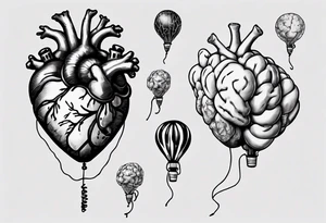 Woman's hand holding balloons tied to string, balloons in shape of anatomical heart and an anatomical brain tattoo idea