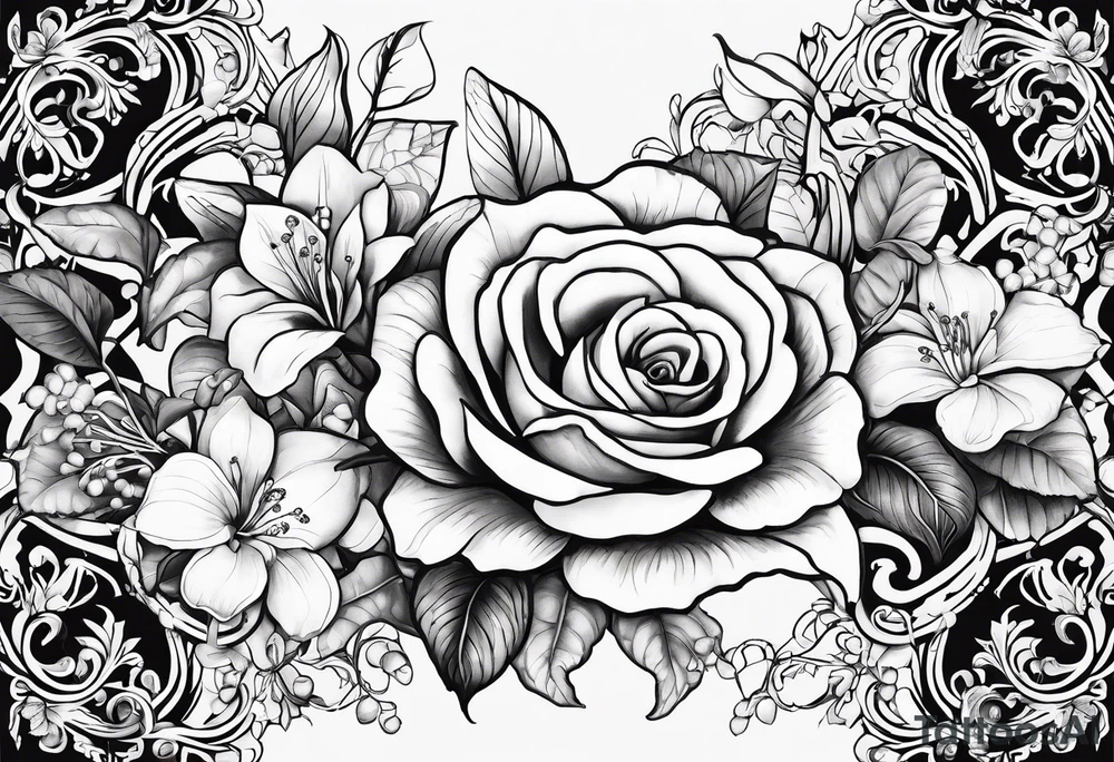 Rose, orchid, lily, marigolds, hydrangeas, begonia, dog wood, gerber daisies tattoo idea