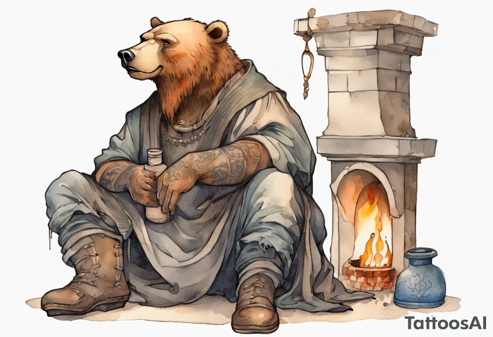 a medieval bear-human hybrid with a long beard wearing a tunic and boots, sitting on a stool by a fireplace drinking from a clay bottle tattoo idea