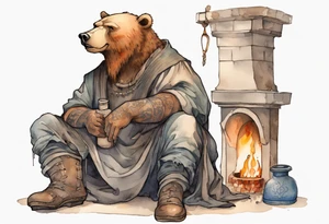 a medieval bear-human hybrid with a long beard wearing a tunic and boots, sitting on a stool by a fireplace drinking from a clay bottle tattoo idea