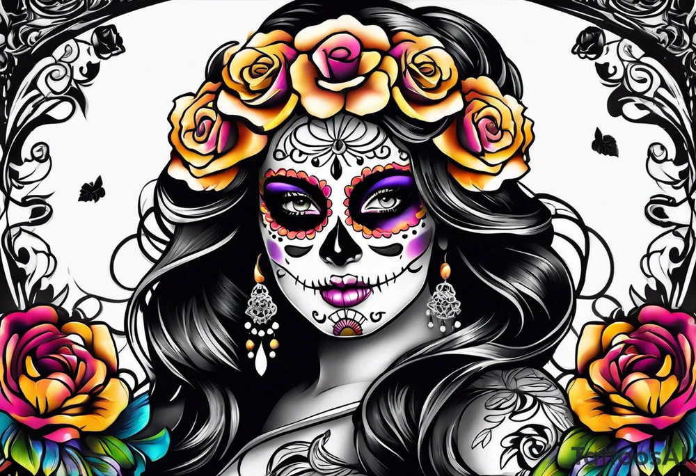 Dia de Los muertos colorful woman tattoo idea