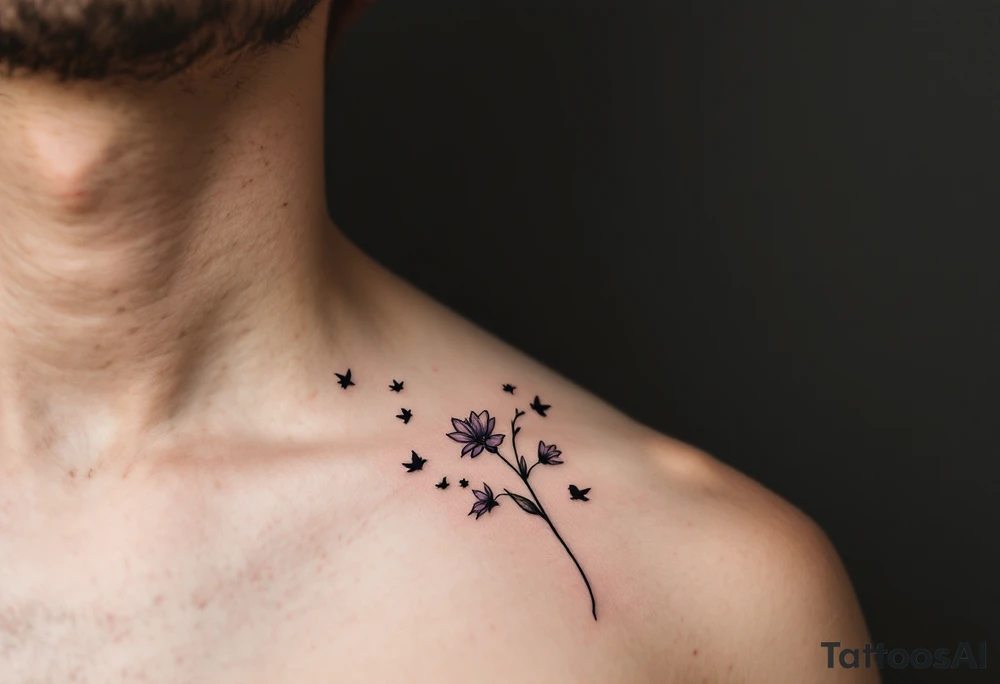 A wood violet blowing in the wind with pedals floating away turning into birds tattoo idea