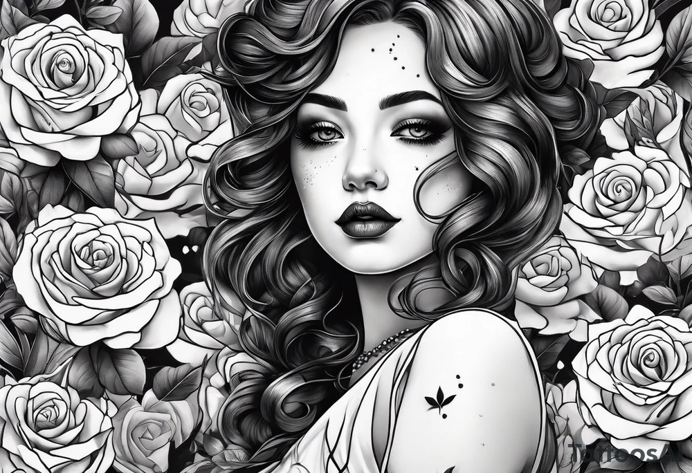 mime girl in white dress surrounded by roses tattoo idea