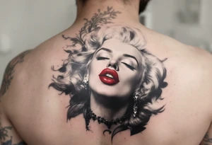 Tattoo of Marilyn blowing a kiss in grayscale with a vivid red heart-shaped kiss mark. tattoo idea