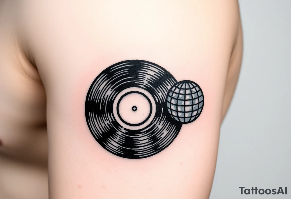 vinyl record with a smaller disco ball to the side of it tattoo idea