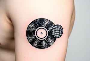 vinyl record with a smaller disco ball to the side of it tattoo idea