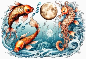 Water scene, featuring koi karp, jellyfish, seahorses and the moon. With nods to Pisces. tattoo idea