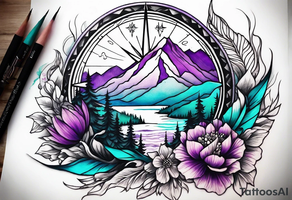 Half Sleeve tattoo: 
mountain in front of a compass rose 
with purple and teal sky, and purple and teal flowers in the foreground. Phoenix in the center tattoo idea