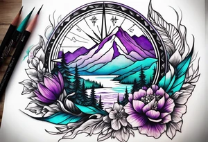 Half Sleeve tattoo: 
mountain in front of a compass rose 
with purple and teal sky, and purple and teal flowers in the foreground. Phoenix in the center tattoo idea