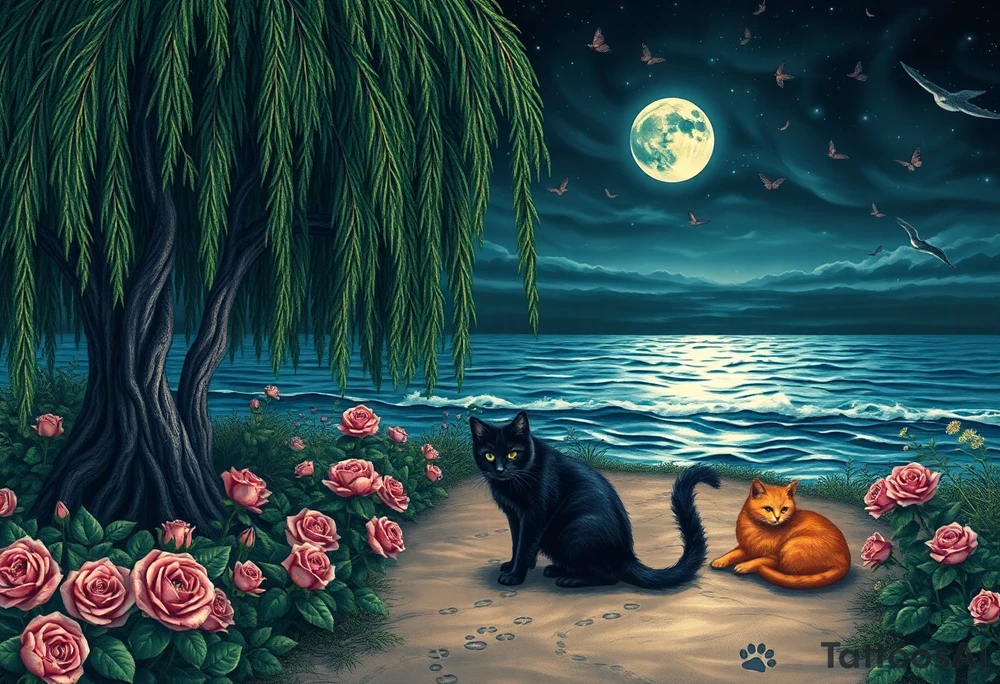 Night time. Ocean.  weeping willow garden with roses and liles flower beds. fantasy creatures, fairies, mermiads, dragons butterflies,  cat paw prints path in dirt. Black cat and orange cat tattoo idea