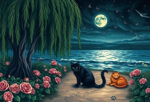 Night time. Ocean.  weeping willow garden with roses and liles flower beds. fantasy creatures, fairies, mermiads, dragons butterflies,  cat paw prints path in dirt. Black cat and orange cat tattoo idea