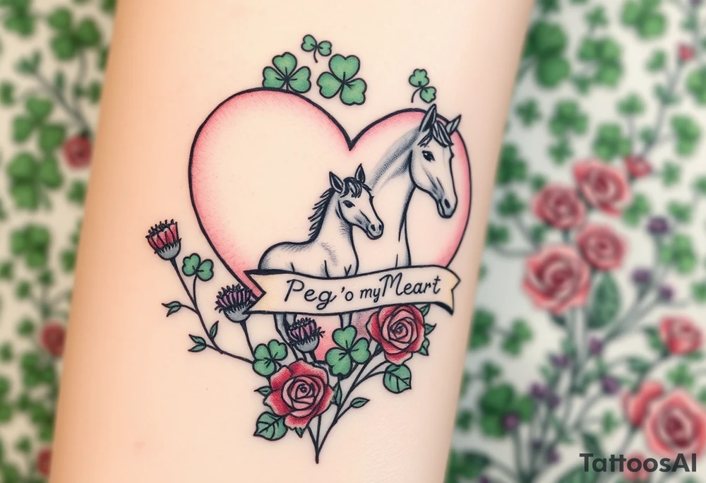 a big pale pink heart and a mare and a colt in a huge patch of green shamrocks, and purple thistles, and red roses with a banner across the heart that says Peg 'o My Heart tattoo idea