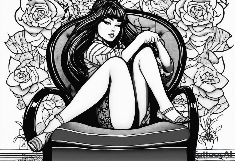 Portrait of tomie sitting on a chair. Tomie is a character of the autor junji ito tattoo idea