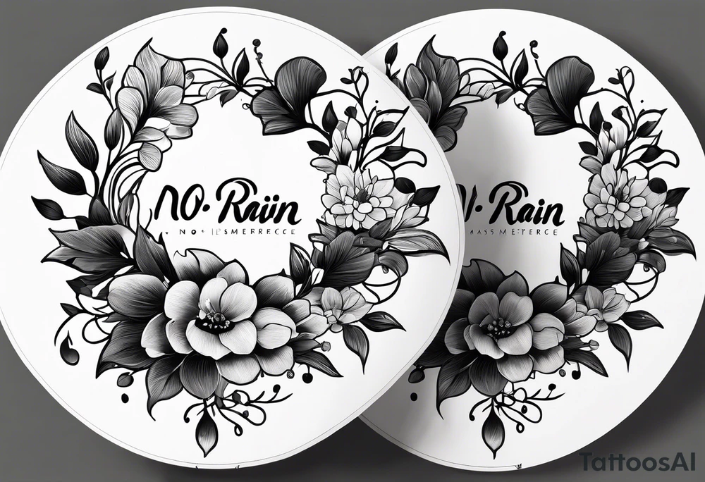 flower tattoo that says “no rain no flowers” and is circular with flowers and leaves trailing from the circle tattoo idea