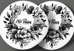 flower tattoo that says “no rain no flowers” and is circular with flowers and leaves trailing from the circle tattoo idea