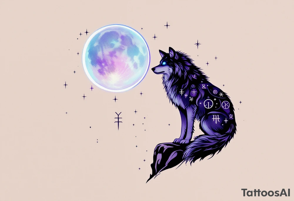 Mystic wolf with glowing white eyes, standing on a cliff under a purple and blue magical moon, surrounded by faint rune symbols. tattoo idea