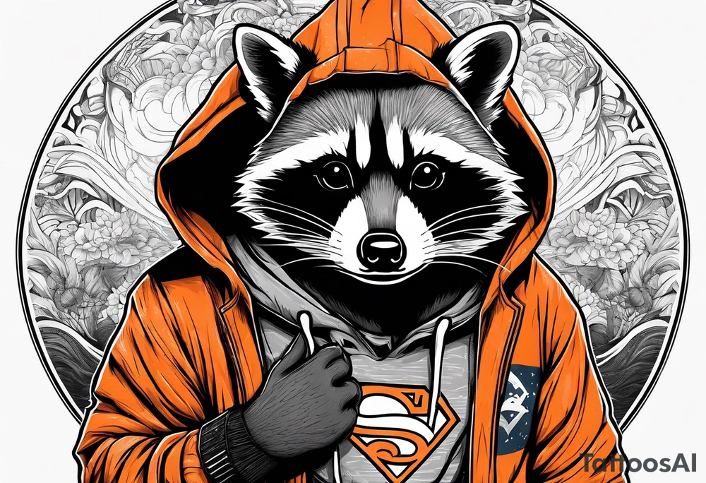 Raccoon wearing an orange Superman hoodie tattoo idea